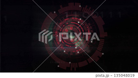 Displaying circular digital interface rotating in HUD, with rings glowing nodes and binary code Displaying circular digital interface rotating in HUD, with rings glowing nodes and binary code 135048019