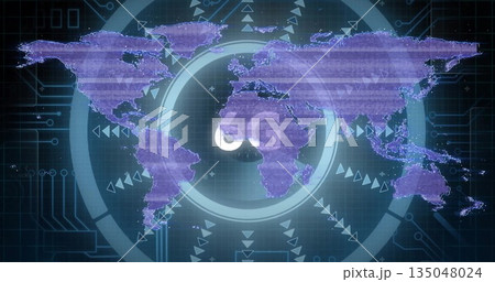 Showing purple world map over circular HUD on network interface glowing 5G, arrows, circuit traces 135048024