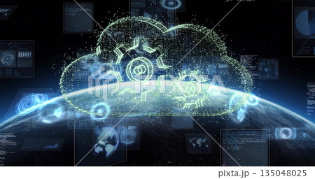 Hovering 3D digital cloud icon with gear symbols glowing above Earth surface, with floating screens 135048025