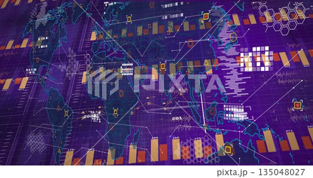 Displaying neon world map projecting bar charts on control room display, with hex grids and nodes 135048027