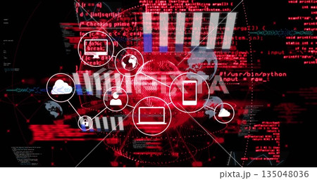 Linking cloud user globe padlock laptop or smartphone icons on digital interface, charts and graphs Linking cloud user globe padlock laptop or smartphone icons on digital interface, charts and graphs 135048036