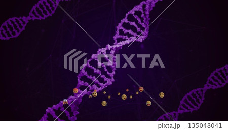 Twisting purple DNA double helix spiraling over dark purple backdrop, with floating emoji icons Twisting purple DNA double helix spiraling over dark purple backdrop, with floating emoji icons 135048041