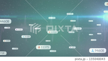 Floating notification metric label showing 11375 in digital space, with waveform streak and icons Floating notification metric label showing 11375 in digital space, with waveform streak and icons 135048043