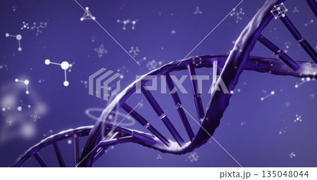DNA double helix twisting in virtual space, with floating molecular, atom and bond icons 135048044