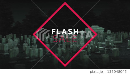 Presenting pink diamond showing FLASH SALE in night cemetery, with tombstones mausoleum and trees Presenting pink diamond showing FLASH SALE in night cemetery, with tombstones mausoleum and trees 135048045