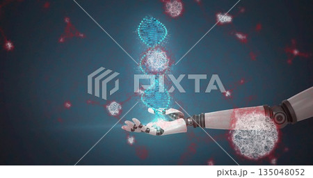 Showing robotic arm and hand holding glowing DNA helix in lab, with floating molecules and viruses Showing robotic arm and hand holding glowing DNA helix in lab, with floating molecules and viruses 135048052
