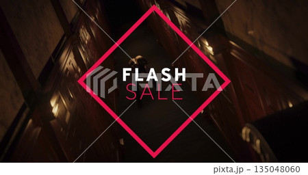 Walking adult male wearing overcoat in hotel corridor, with red diamond-shaped FLASH SALE graphic Walking adult male wearing overcoat in hotel corridor, with red diamond-shaped FLASH SALE graphic 135048060