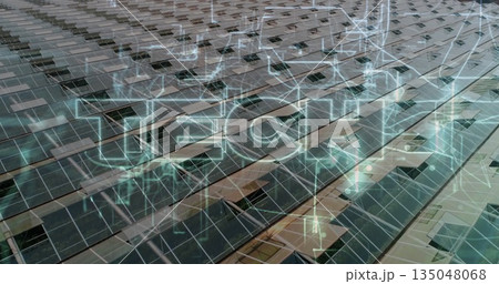 Extending photovoltaic panels mounted on rooftop racks, receiving wireframe overlay with data nodes 135048068