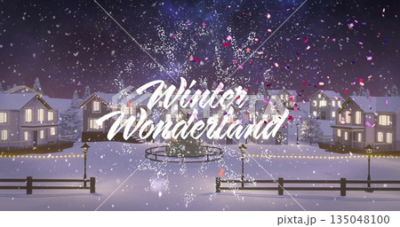 Glowing white script text spanning snowy village plaza at night, with lit houses and falling snow 135048100