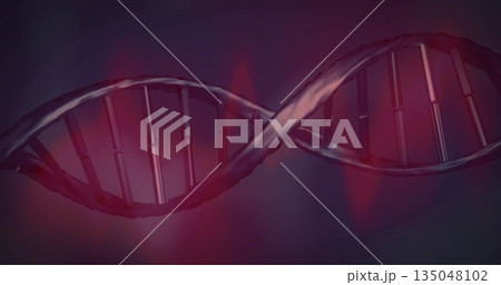 Rotating DNA double helix model twisting across digital space, with rods and rungs, red flares 135048102
