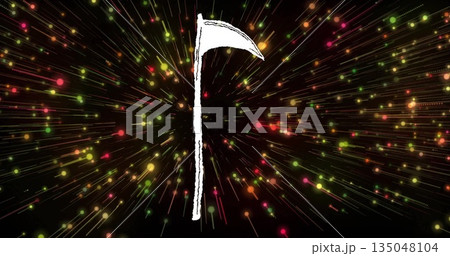Glowing white stylized curved-blade symbol radiating multicolor rays on anthracite digital backdrop Glowing white stylized curved-blade symbol radiating multicolor rays on anthracite digital backdrop 135048104