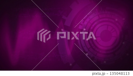 Pulsating concentric digital circle glowing in purple magenta virtual space, with waveform curves 135048113