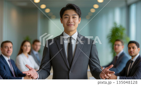 A professional portrait of a smiling East Asian male executive standing in the foreground with open arms, welcoming his team. A diverse group of business professionals sits at a conference table in a  135048128