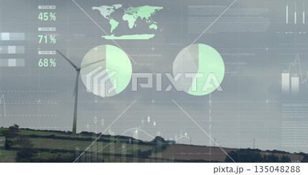 Showing wind turbine on rural hillside farm among hedgerows and fields, with digital data overlays 135048288