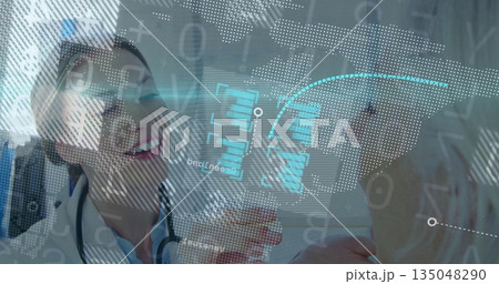 Holding stylus pen, doctor with stethoscope showing charts on interface in clinic, copy space 135048290