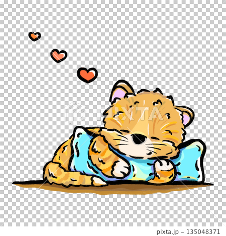 Cute cat hugging pillow and sleeping relaxing cartoon illustration 135048371