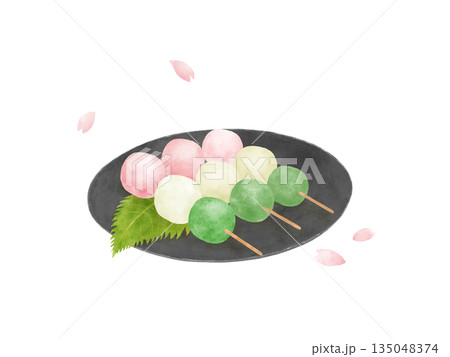 黒い皿に載った三色団子と桜の花びらの水彩イラスト・お花見・和菓子・高級感 135048374