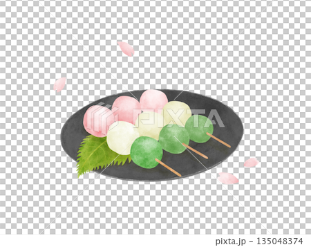 黒い皿に載った三色団子と桜の花びらの水彩イラスト・お花見・和菓子・高級感 135048374