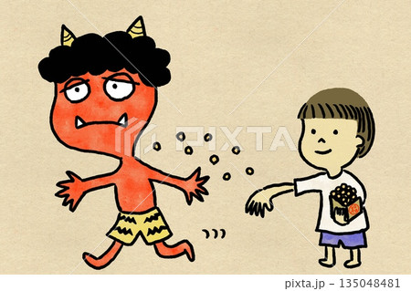 節分　豆まきをする子どもと逃げる赤鬼のイラスト（水彩・和紙風） 135048481