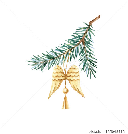 Spruce branch with Christmas tree decoration of golden angel wings. Evergreen pine branch, festive vintage toy. Watercolor illustration isolated from background. Hand drawn fir tree twig for design Spruce branch with Christmas tree decoration of golden angel wings. Evergreen pine branch, festive vintage toy. Watercolor illustration isolated from background. Hand drawn fir tree twig for design 135048513