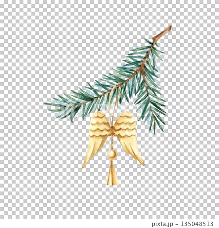 Spruce branch with Christmas tree decoration of golden angel wings. Evergreen pine branch, festive vintage toy. Watercolor illustration isolated from background. Hand drawn fir tree twig for design Spruce branch with Christmas tree decoration of golden angel wings. Evergreen pine branch, festive vintage toy. Watercolor illustration isolated from background. Hand drawn fir tree twig for design 135048513