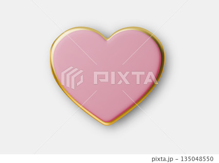 3D heart icon in vibrant pink and gold tones, perfect for Valentines Day designs, love messages, romantic greeting cards, and festive celebration backgrounds with glossy finish. 135048550