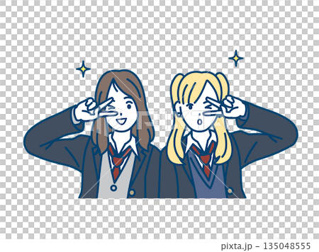 ピーズサインをする女子高生ギャルのイラスト 135048555