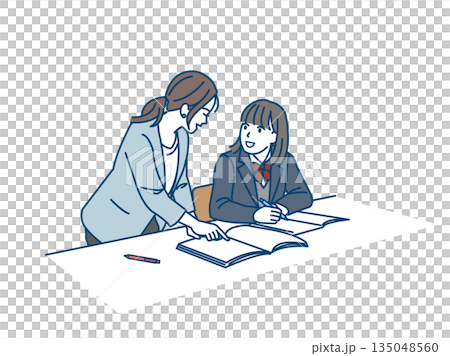 Illustration of a female student taking a class from a cram school teacher 135048560