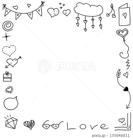 Hand-drawn romantic doodle frame with hearts and diamond around white copy space for Valentine greeting card Hand-drawn romantic doodle frame with hearts and diamond around white copy space for Valentine greeting card 135048811