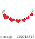 Red paper hearts hanging on string over white backdrop with copy space, Valentine day or wedding promotion 135048812