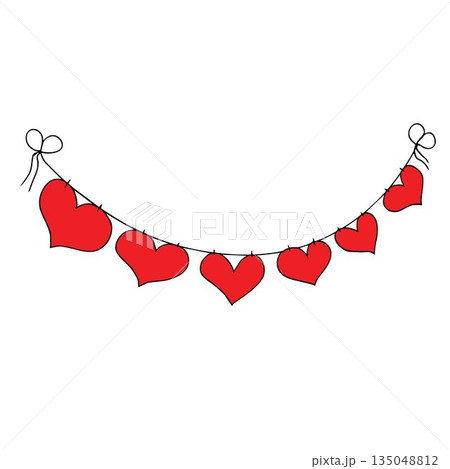 Red paper hearts hanging on string over white backdrop with copy space, Valentine day or wedding promotion 135048812