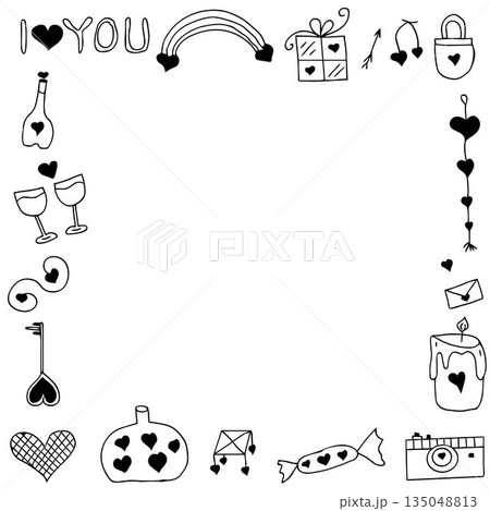 Hand-drawn romantic doodle frame with hearts and diamonds around white copy space for Valentine greeting card Hand-drawn romantic doodle frame with hearts and diamonds around white copy space for Valentine greeting card 135048813