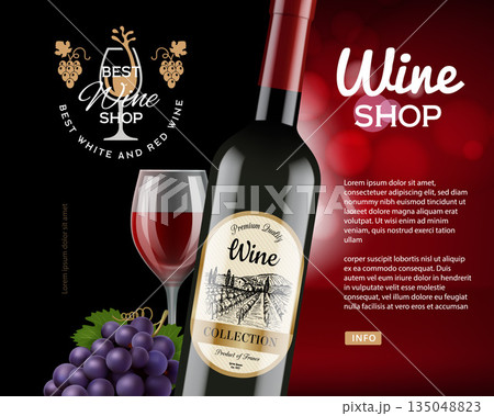 Wine shop banner. print design template of red wine labels. cup of wine and grapes in realistic style 135048823