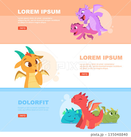 Dragons. banners with cartoon dragon kids in action poses. vector template with place for text 135048840