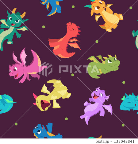 Dragon. cartoon little dragon kids with different emotions. vector seamless pattern 135048841