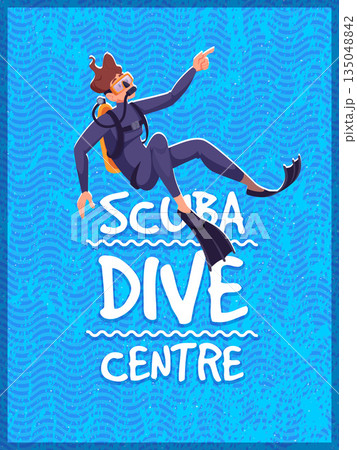 Diving poster. scuba diving retro placard with cartoon diver illustration 135048842