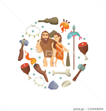 Caveman. round shape of background with wild cave persons and different tools 135048844