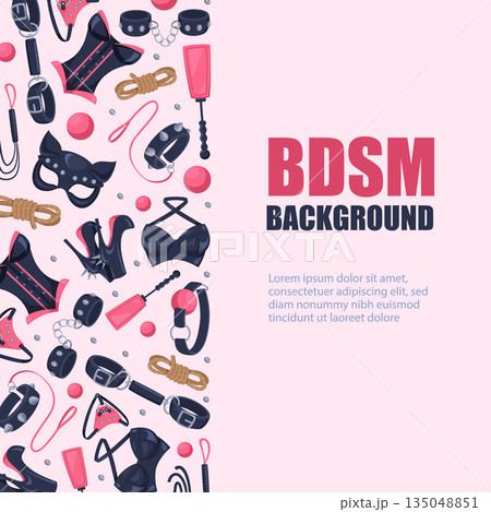 Adult fetish. sex items for lovers. vector cartoon background with mask latex panties ropes Adult fetish. sex items for lovers. vector cartoon background with mask latex panties ropes 135048851