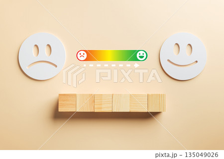 Customer feedback survey experience illustrates before and after service satisfaction, showing business reputation improvement concept as wooden blocks depict progress from sad to happy mood Customer feedback survey experience illustrates before and after service satisfaction, showing business reputation improvement concept as wooden blocks depict progress from sad to happy mood 135049026