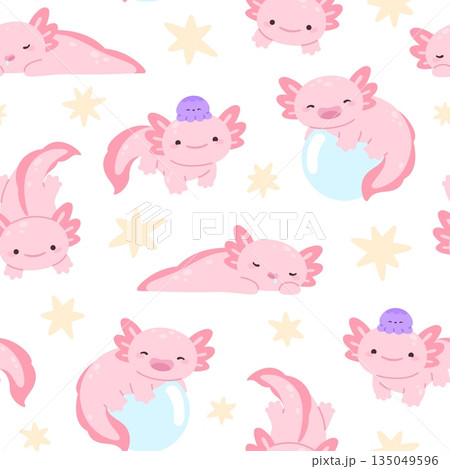 Axolotls seamless pattern. Cartoon axolotl floating on bubble, sleeping, with octopus on head. Mexican reptile fabric print template, decorative racy vector background Axolotls seamless pattern. Cartoon axolotl floating on bubble, sleeping, with octopus on head. Mexican reptile fabric print template, decorative racy vector background 135049596