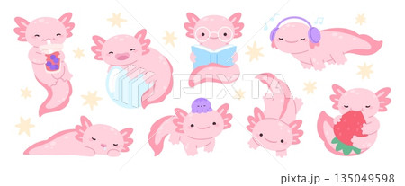 Cartoon axolotl characters. Funny axolotls, pink baby amphibian mascots. Cute mexican salamander reading, sleeping, drink bubble tea, different reptiles racy vector clipart Cartoon axolotl characters. Funny axolotls, pink baby amphibian mascots. Cute mexican salamander reading, sleeping, drink bubble tea, different reptiles racy vector clipart 135049598