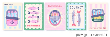 Sardines retro posters. Canned fish, seafood in cans retro poster design. Italian restaurant decorations, banners for cafe, bar, kitchen, racy vector set 135049601