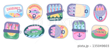 Cartoon sardines in cans. Canned fish, retro packages for seafood. Sprats, sea products in various cans. Fresh sardine for nutrition, racy vector set 135049603