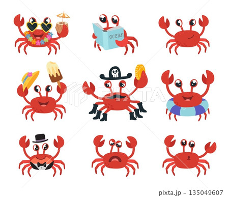 Funny crab characters. Positive crabs various situations. Summer vibes, sea world characters readings, eating, swimming. Underwater animals classy vector set 135049607