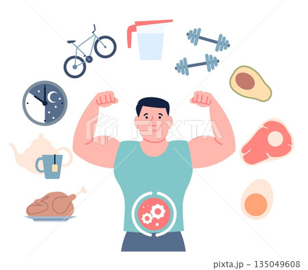 Male metabolism process. Regular workout, healthy food, daily drinking water. Chemical reaction and synthesis in human body, health lifestyle and nutrition, recent vector scene Male metabolism process. Regular workout, healthy food, daily drinking water. Chemical reaction and synthesis in human body, health lifestyle and nutrition, recent vector scene 135049608