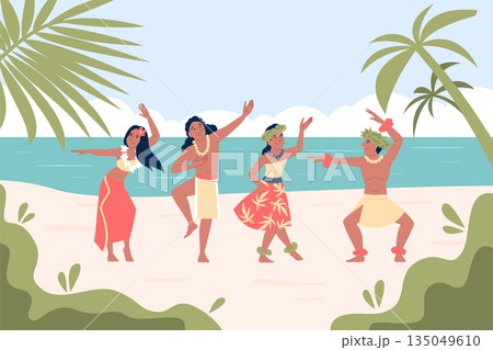 Hawaiian people. Positive hawaii characters dancing in traditional costumes on beach. Sunny day in tropic, folk island dancers group, recent vector background Hawaiian people. Positive hawaii characters dancing in traditional costumes on beach. Sunny day in tropic, folk island dancers group, recent vector background 135049610