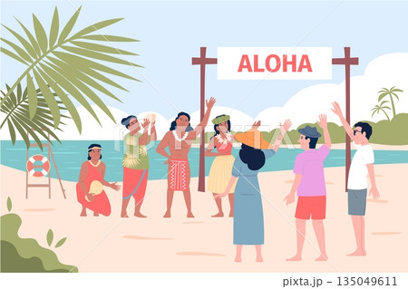 Tourists on hawaii. Hawaiian people in traditional dancing suits welcome travellers. Vacation on island, folk style party, tropical leisure recent vector scene Tourists on hawaii. Hawaiian people in traditional dancing suits welcome travellers. Vacation on island, folk style party, tropical leisure recent vector scene 135049611