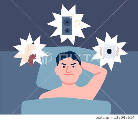 Neighbors noise. Noisy neighbors, night urban lifestyle problems. Insomnia due to loud household sounds, barking dogs, music. Man in bed recent vector scene Neighbors noise. Noisy neighbors, night urban lifestyle problems. Insomnia due to loud household sounds, barking dogs, music. Man in bed recent vector scene 135049614