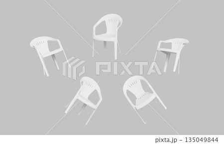 Stackable Plastic Monobloc Chairs. 3D Rendering. Stackable Plastic Monobloc Chairs. 3D Rendering. 135049844