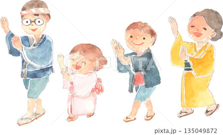 盆踊りを踊る家族の水彩イラスト　ベクター 135049872